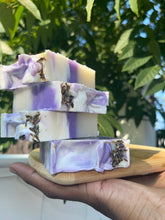 Load image into Gallery viewer, Noureture By Nature Lavender Swirl with Lavender Buds Soap. Handmade Vegan Soap. Organic Ingredients Soap.
