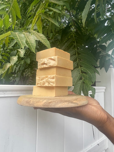 Noureture By Nature’s Turmeric Honey Handmade Soap. Handmade Vegan Soap. Organic Ingredients Soap. All-Natural Handmade Soap. Cruelty Free Ingredients Soap. Small Business Soap. Black Women in Business Soap. Male Holding Soap in hand on a bright summer day. Nigerian Shea Butter Handmade Soap.